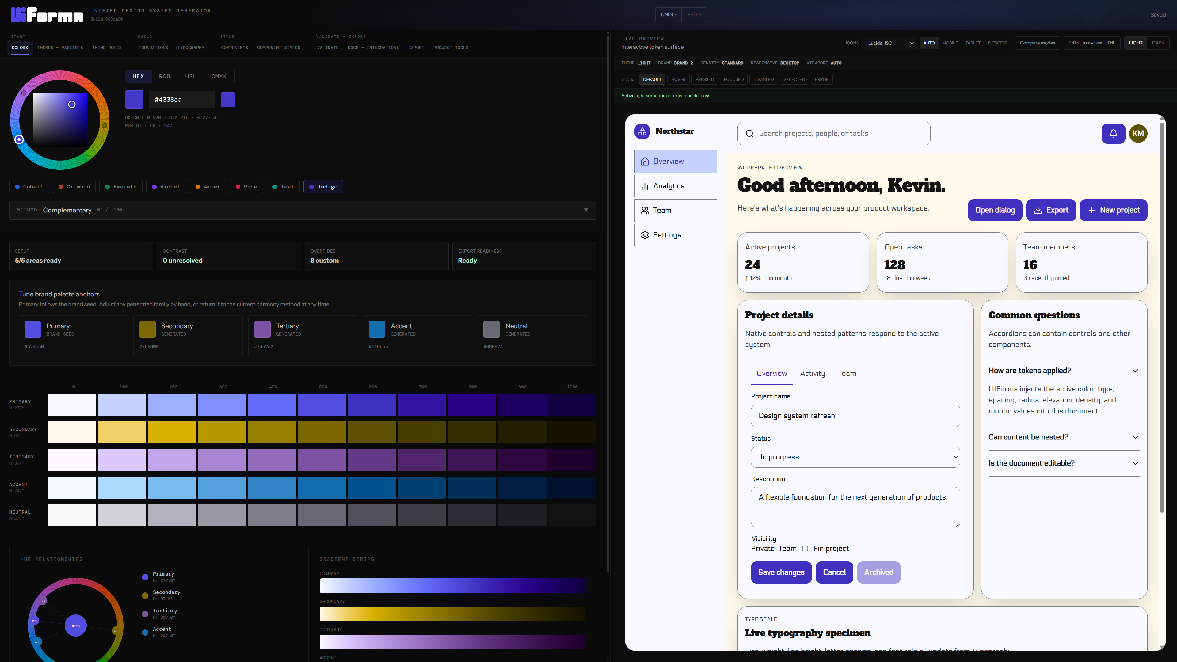 The real UIForma Colors workspace with its palette editor and live component preview